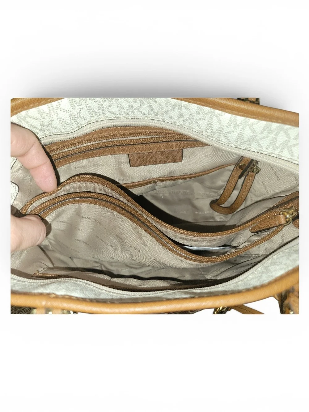 Michael Kors Beige Logo Zip Top Tote with Tan Trim